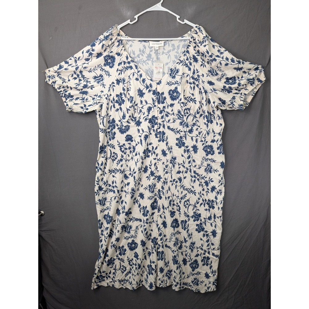 Lucky Brand Womens 3X Blue White Floral Linen Blend Button Front Midi Dress 5547